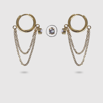 Boucles d'oreilles Luxuria, Acier inoxydable, 1 diamant (imitation), double chaînettes, couleur or