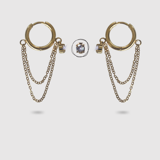 Boucles d'oreilles Luxuria, Acier inoxydable, 1 diamant (imitation), double chaînettes, couleur or