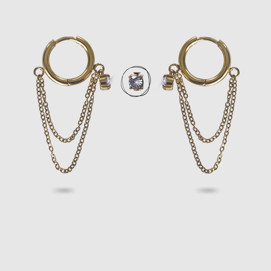Boucles d'oreilles Luxuria, Acier inoxydable, 1 diamant (imitation), double chaînettes, couleur or