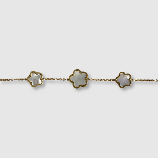 Bracelet Modessa, acier inoxydable, couleur or, 3 fleurs blanches, ajustable