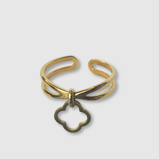 Bague Présage-breloque, acier inoxydable, ajustable, trèfle, breloque, couleur or