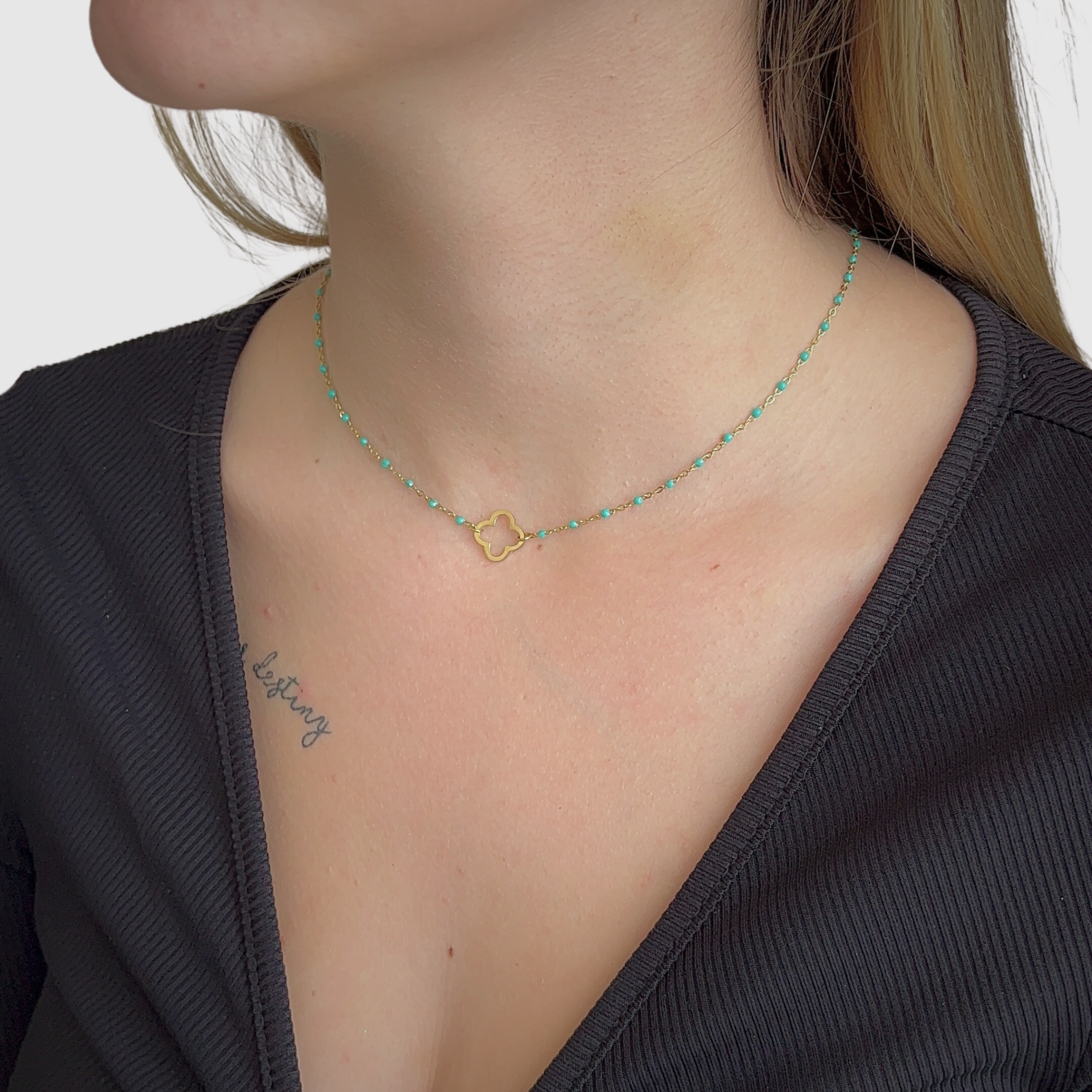 Acier inoxydable, ajustable, perles turquoises, trèfle, or