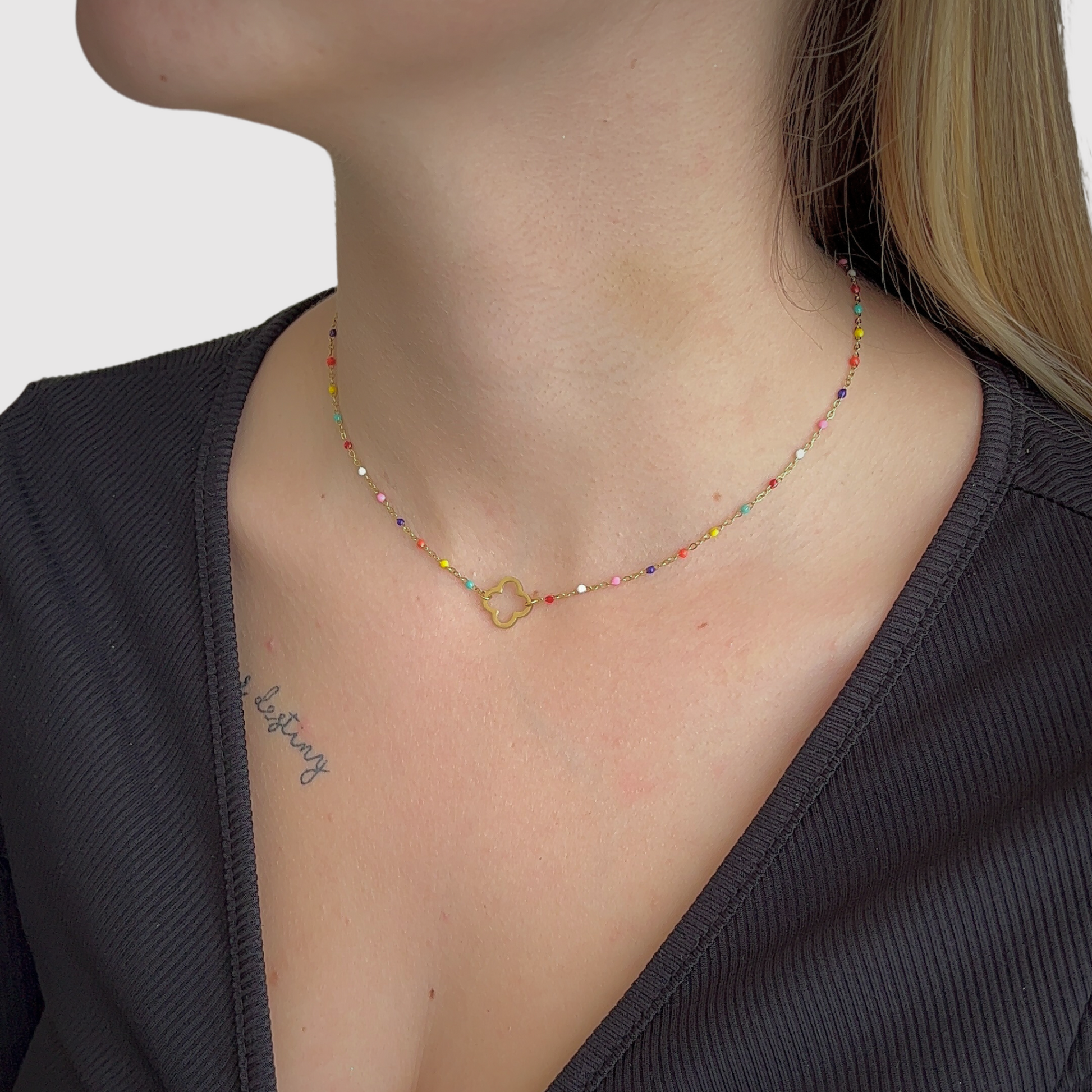 Acier inoxydable, ajustable, perles multicolores, trèfle, or