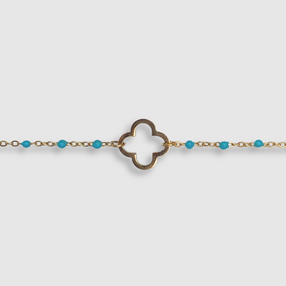 Bracelet Présage-perles, acier inoxydable, trèfle, perles, ajustable, couleur or, perles turquoises
