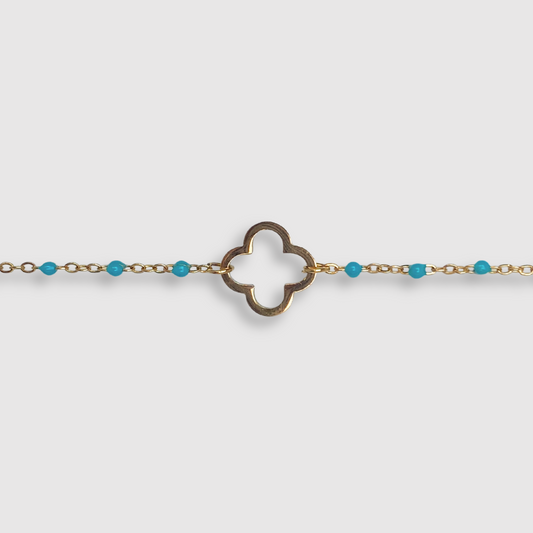 Bracelet Présage-perles, acier inoxydable, trèfle, perles, ajustable, couleur or, perles turquoises