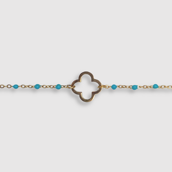 Bracelet Présage-perles, acier inoxydable, trèfle, perles, ajustable, couleur or, perles turquoises