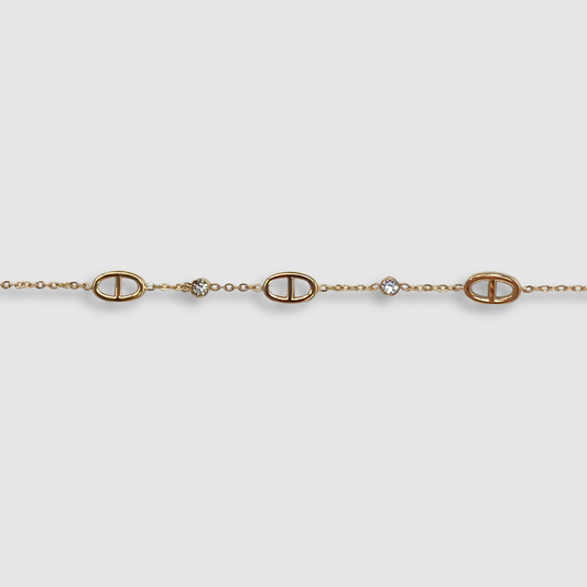 Bracelet ajustable, acier inoxydable, 3 maillons, 2 strass, or