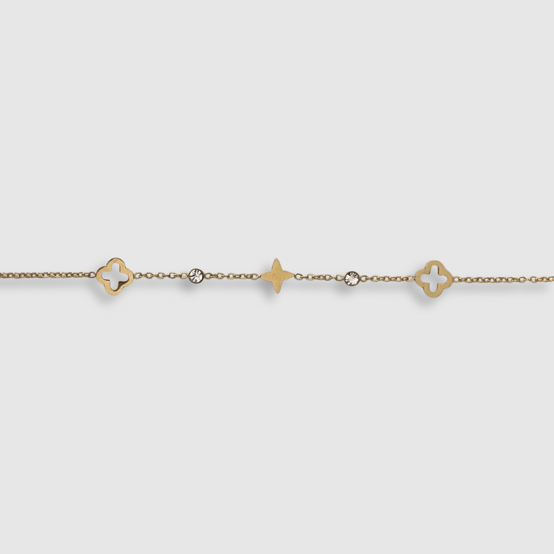 Bracelet Spléndia-strass, acier inoxydable, couleur or, 2 trèfles, 2 strass, 1 étoile, ajustable