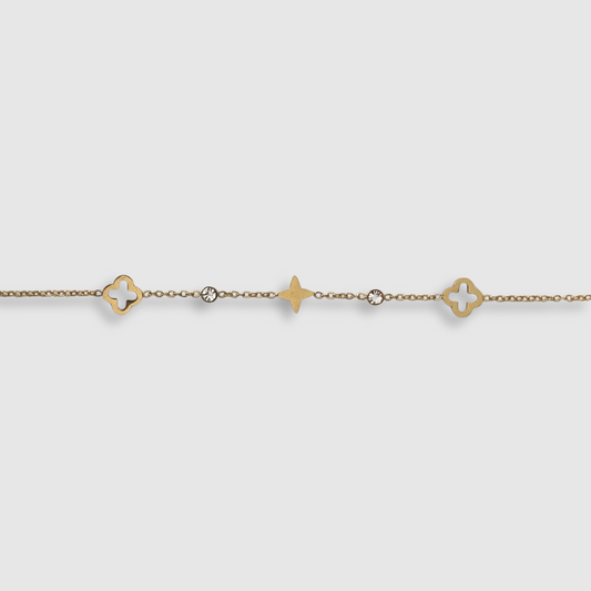 Bracelet Spléndia-strass, acier inoxydable, couleur or, 2 trèfles, 2 strass, 1 étoile, ajustable