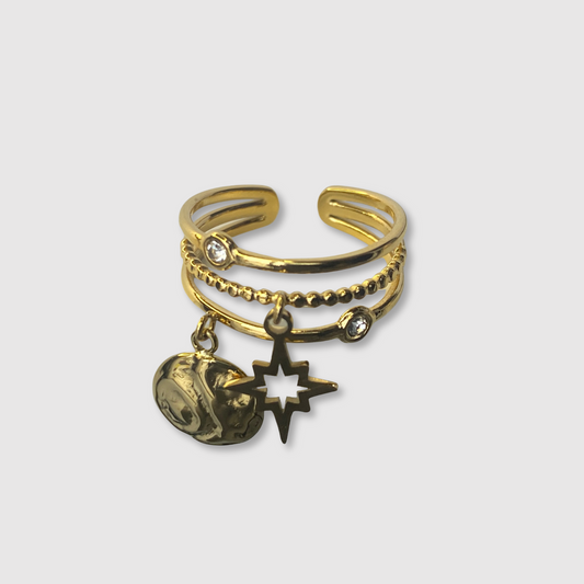 Bague Stella-breloque, acier inoxydable, pleine lune, étoile, strass, ajustable, couleur or