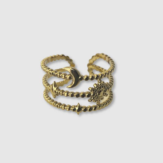 Bague Tav, acier inoxydable, lune, soleil, étoiles, ajustable, couleur or