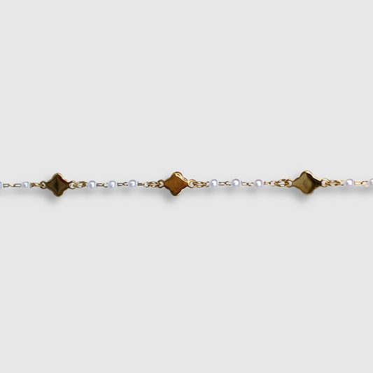 Bracelet Véla, acier inoxydable, 3 trèfles, perles, ajustable, couleur or