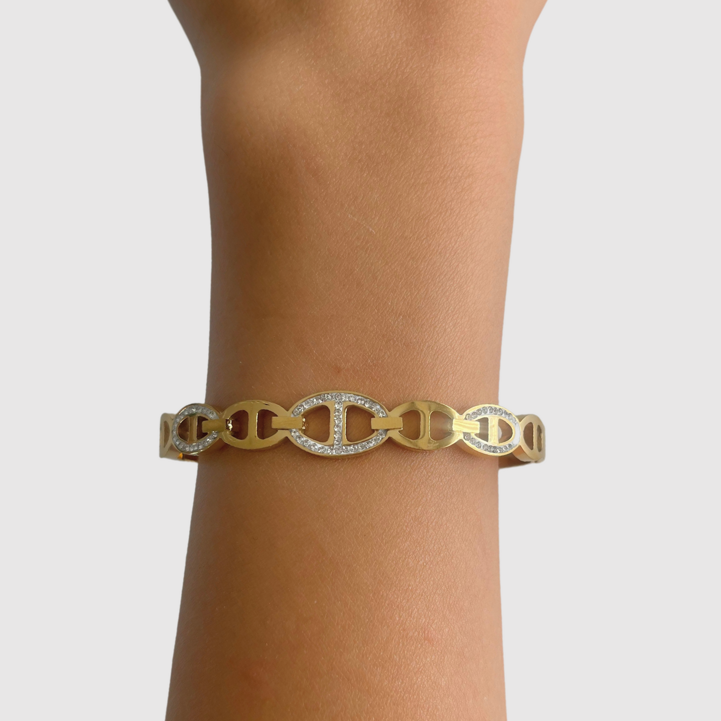 Bracelet-jonc Rêvira-strass, acier inoxydable, strass, 6 petits maillons, 1 gros maillon , couleur or