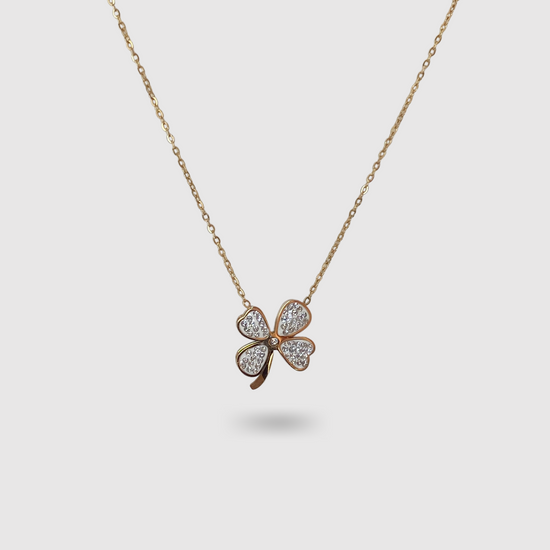 Collier Fortune-strass, Acier inoxydable, strass, trèfle, couleur or