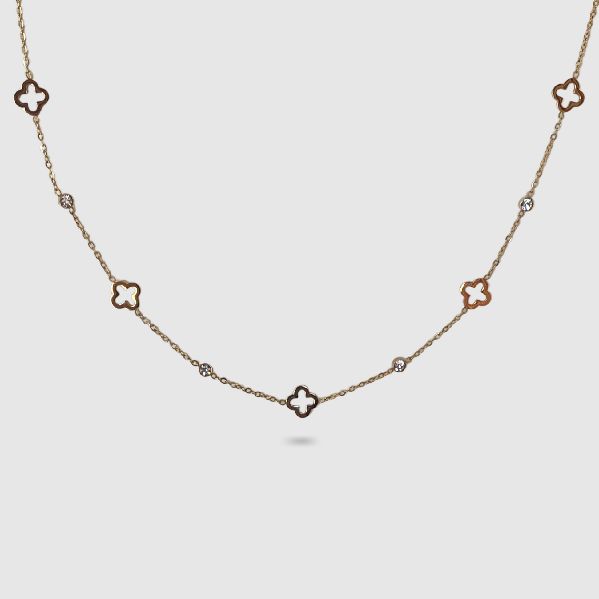 Collier Spléndia-strass, acier inoxydable, couleur or, 5 trèfles, 4 strass, ajustable
