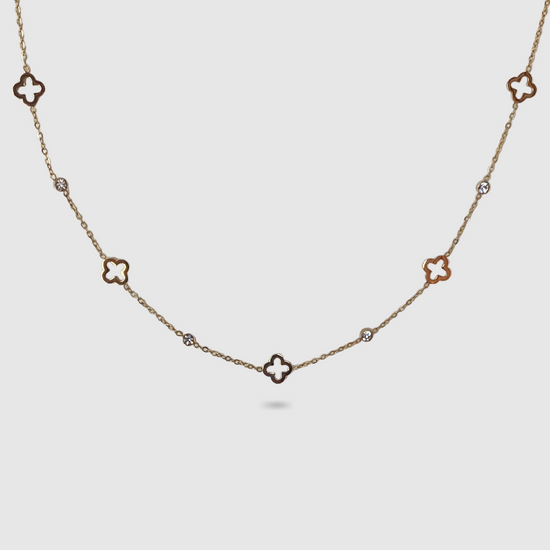 Collier Spléndia-strass, acier inoxydable, couleur or, 5 trèfles, 4 strass, ajustable