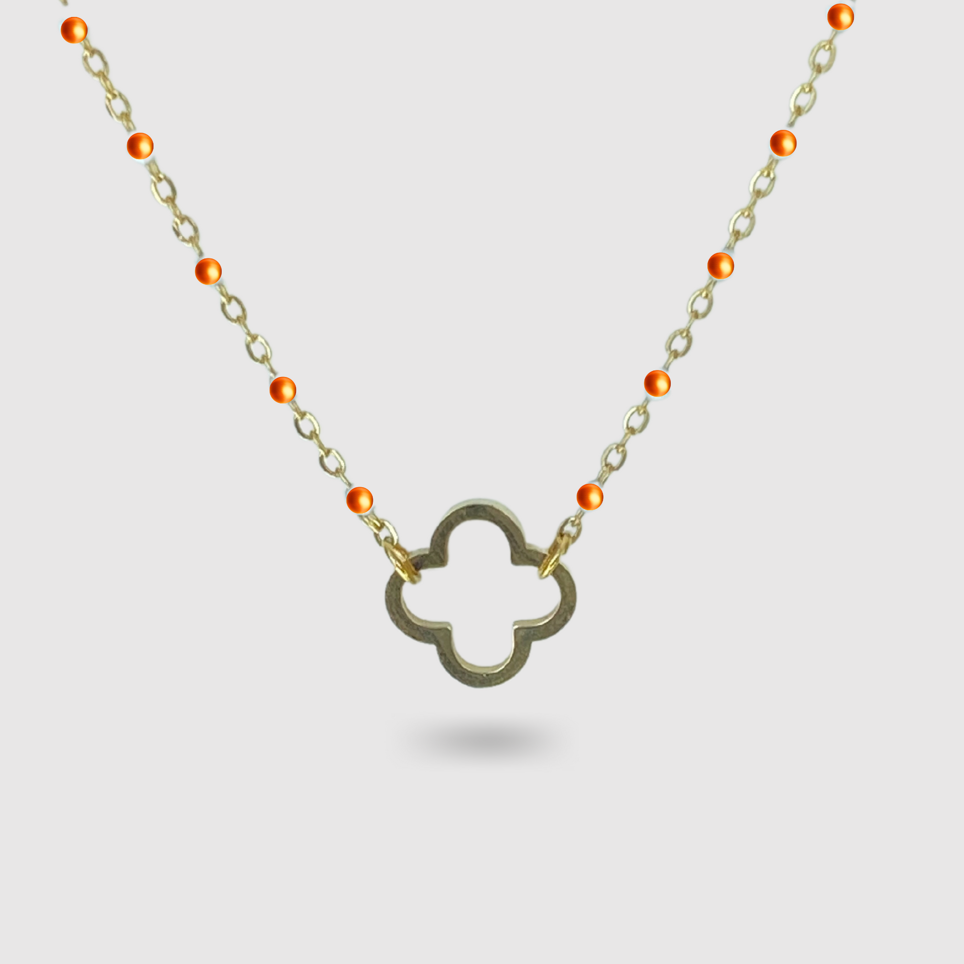 Acier inoxydable, ajustable, perles oranges, trèfle, or