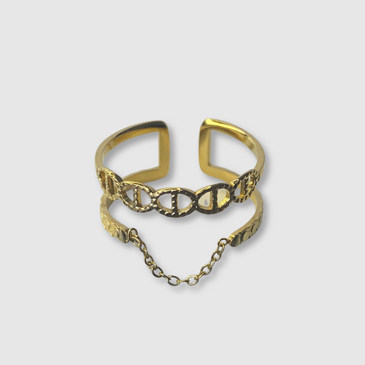 Bague Rêvira-double, acier inoxydable, 5 maillons, petite chaîne, ajustable, couleur or