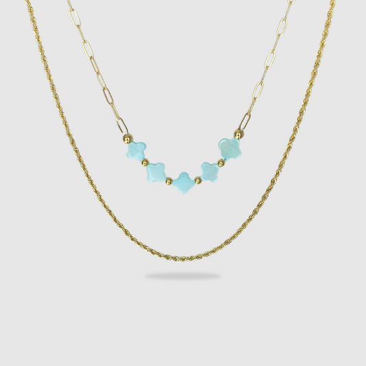 double chaîne, acier inoxydable, pendentif 5 trèfles turquoises, ajustable