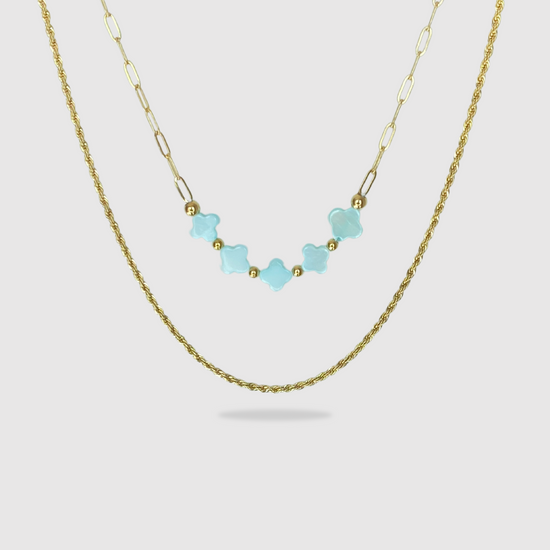 double chaîne, acier inoxydable, pendentif 5 trèfles turquoises, ajustable