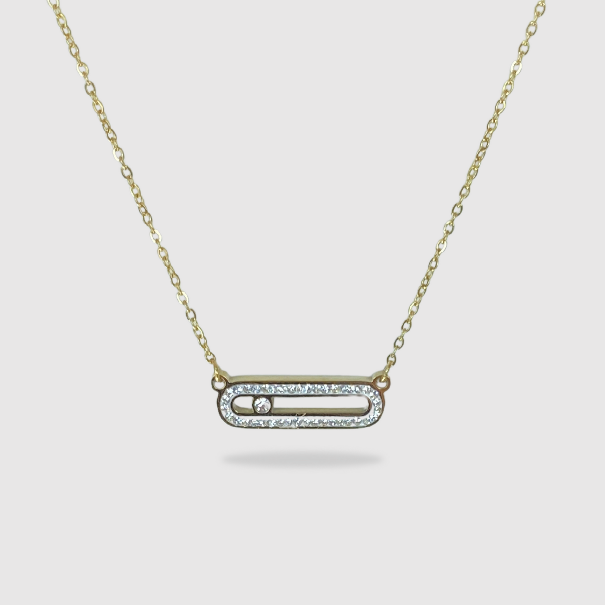Collier acier inoxydable, couleur or, strass, rectangle arrondi, ajustable