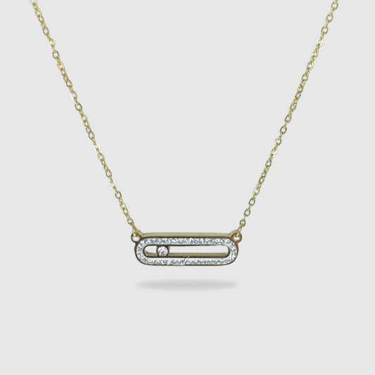 Collier acier inoxydable, couleur or, strass, rectangle arrondi, ajustable