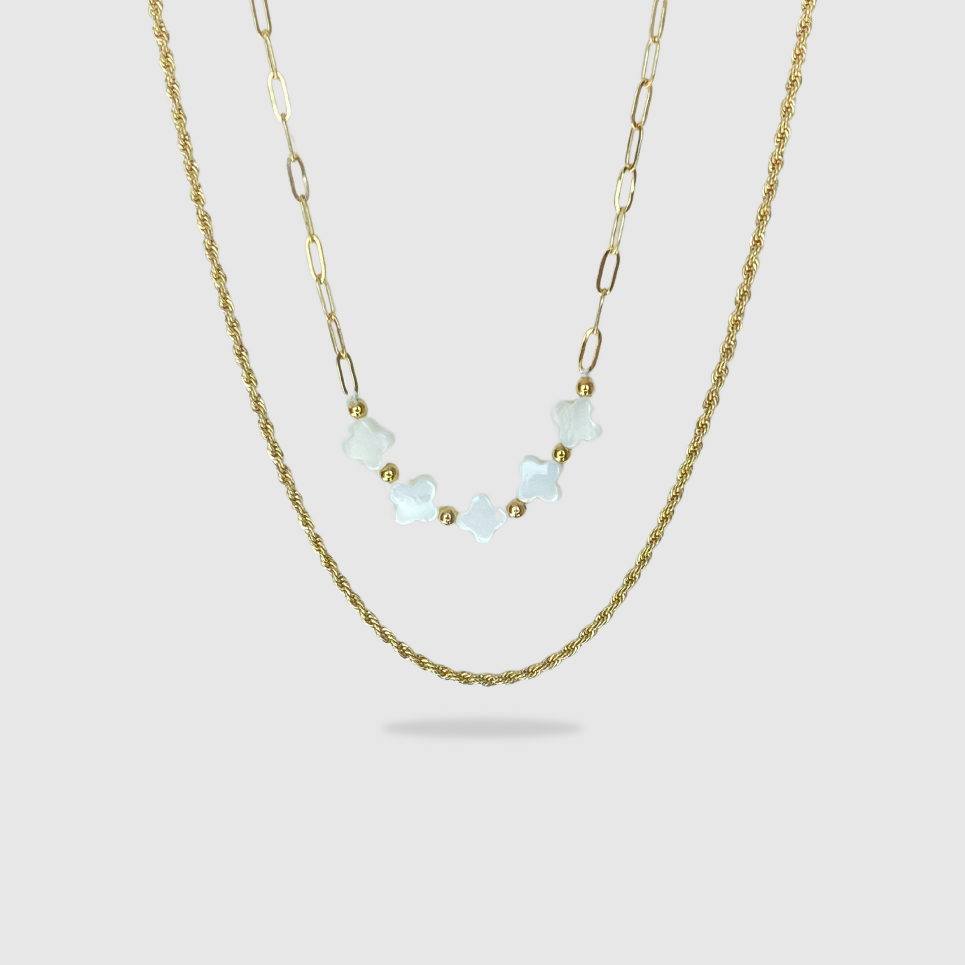 double chaîne, acier inoxydable, pendentif 5 trèfles blancs, ajustable