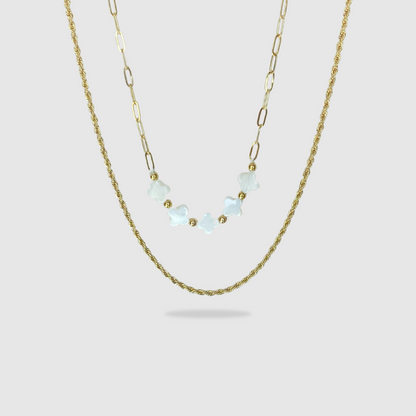 double chaîne, acier inoxydable, pendentif 5 trèfles blancs, ajustable