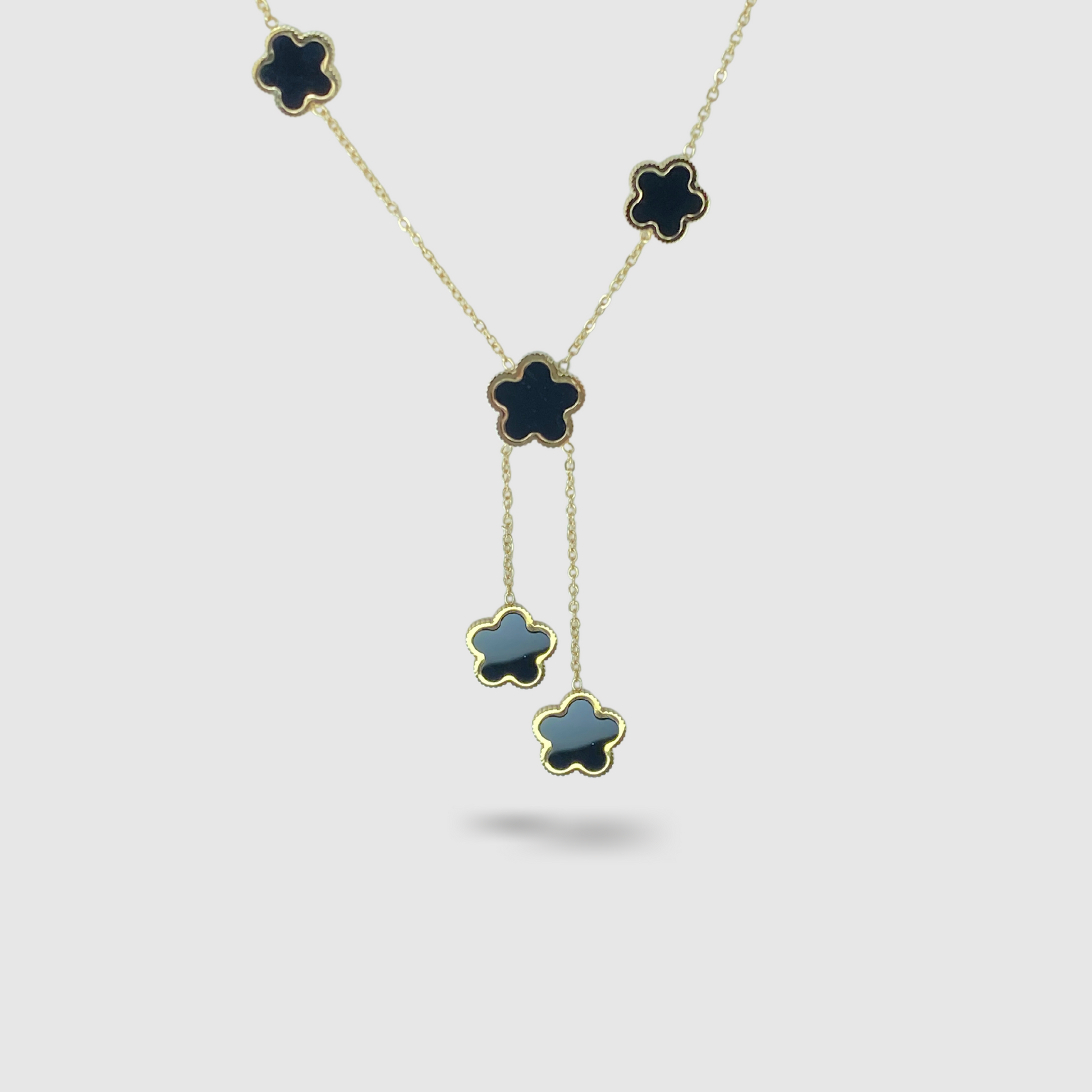 Collier acier inoxydable, 5 fleurs noires, double descente, ajustable