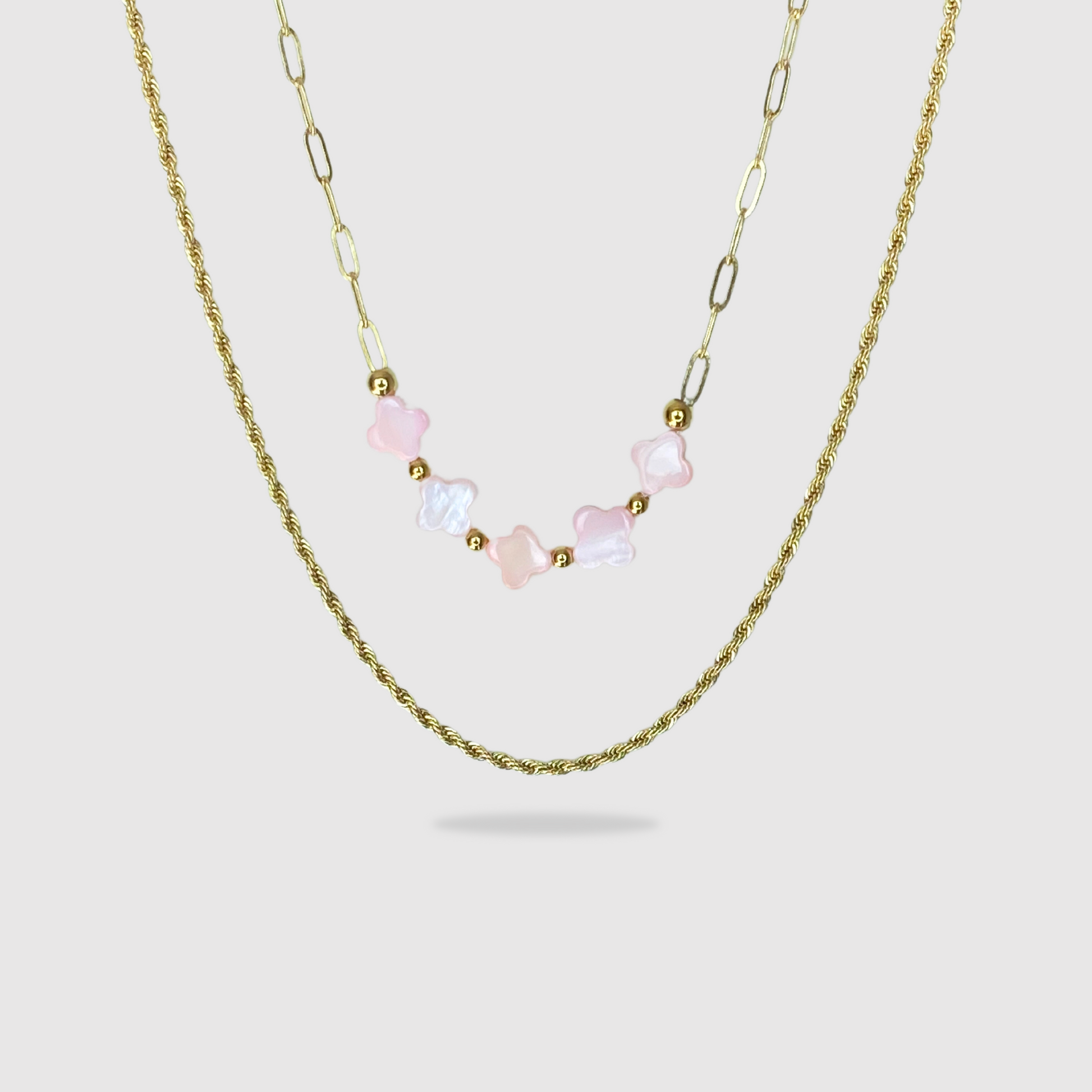 double chaîne, acier inoxydable, pendentif 5 trèfles roses, ajustable