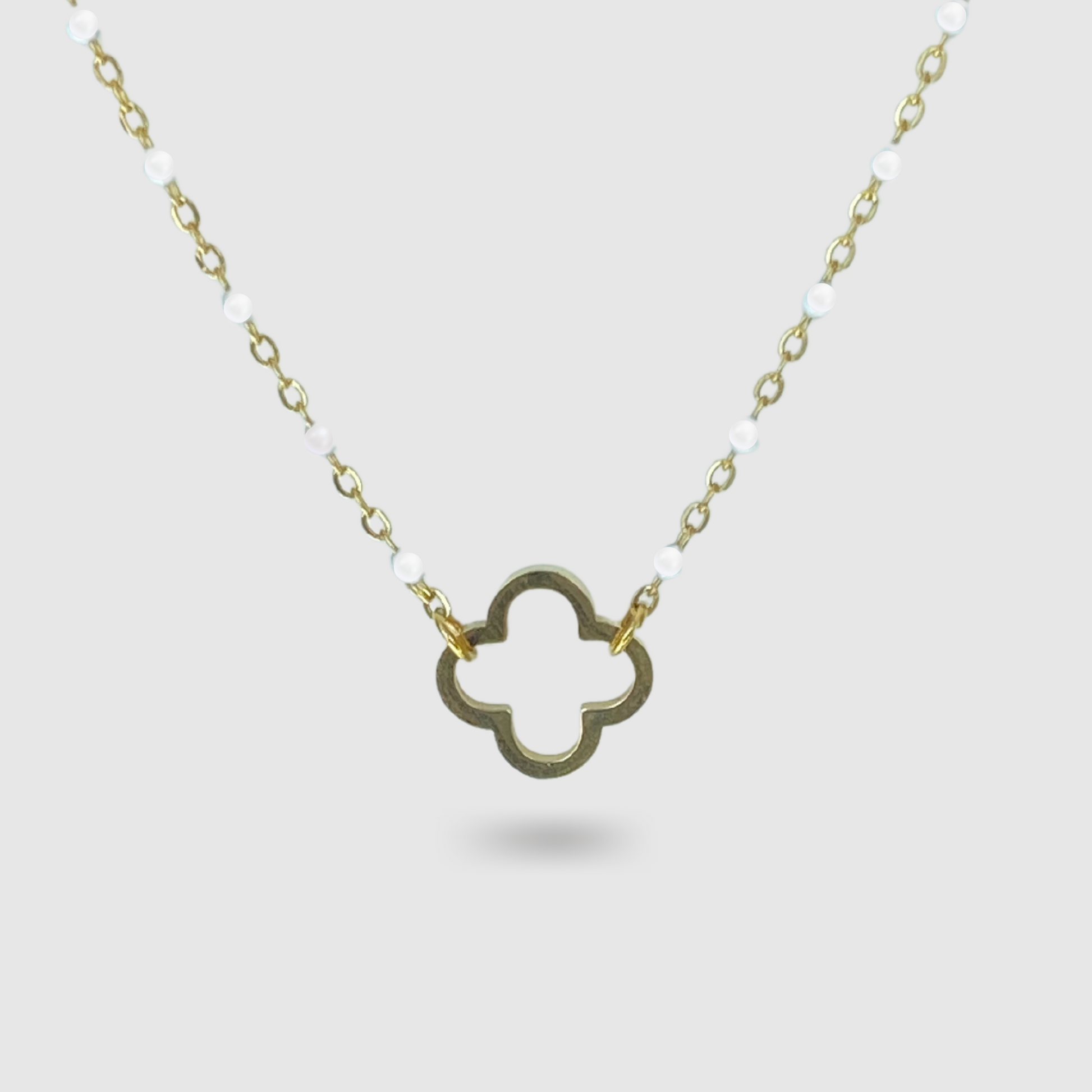 Acier inoxydable, ajustable, perles blanches, trèfle, or