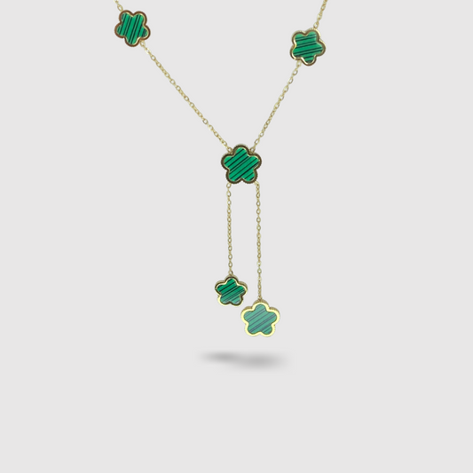 Collier acier inoxydable, 5 fleurs vertes, double descente, ajustable